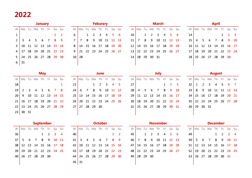 2022年日历 A4横向 英文版 无农历 有周数 周一开始